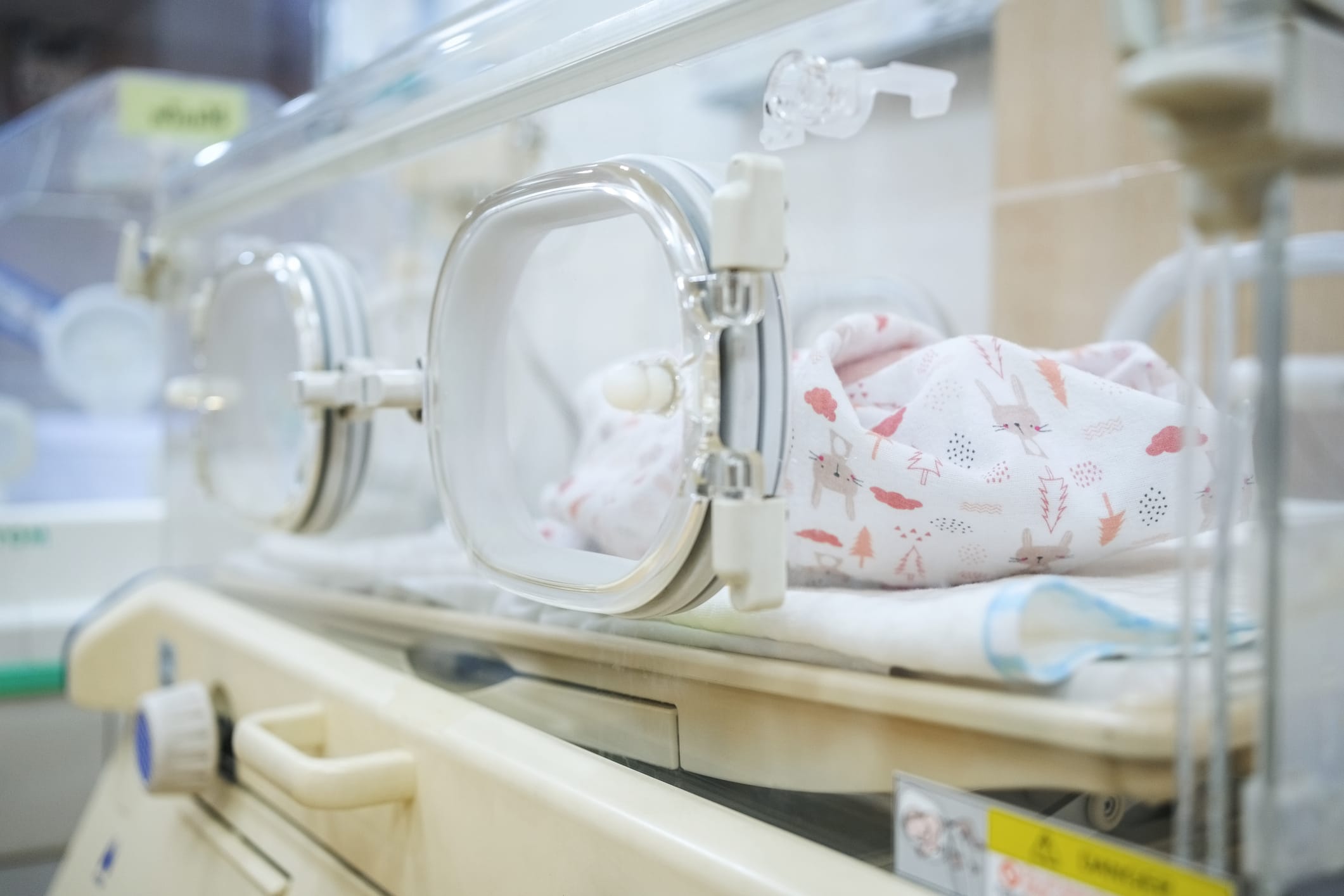 Premature newborn baby inside incubator in neonatal intensive care unit at hospital